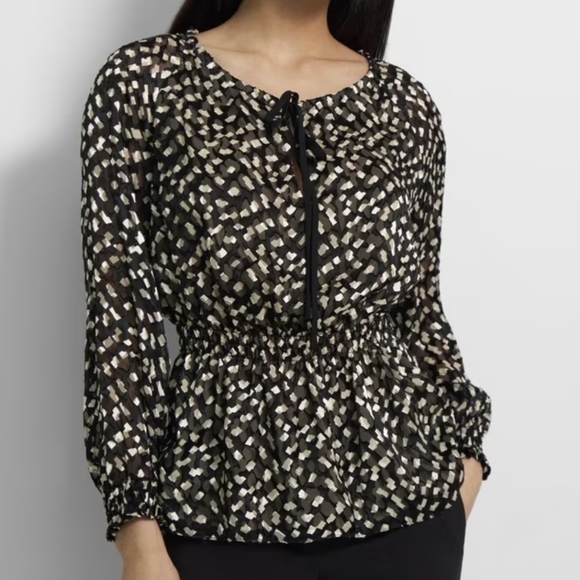 Theory Blouse Top Silk Blend Tie Neckline Gathered Waist Long Sleeve Black L NWT - Picture 2 of 14